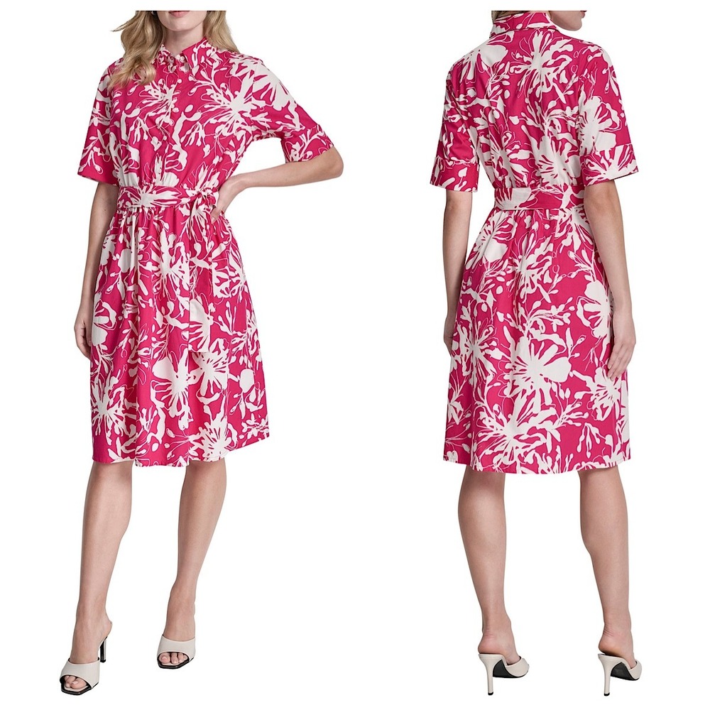 DKNY Shirt Dress Womens Sz 11 Pink White Floral Belted Cuffed Short‎ Sleeve